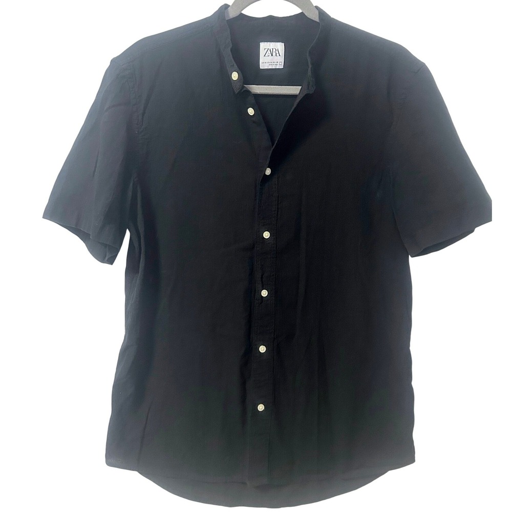 Zara Womens Black Mandarin Collar Short Sleeve Button Down Shirt Size M